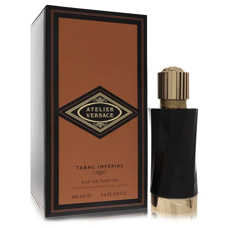 Atelier Versace Tabac Imperial perfume bottle and packaging on a white background