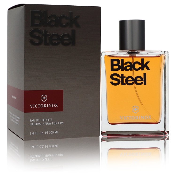 Victorinox Swiss Army Black Steel Eau de Toilette bottle — luxury men's oriental woody fragrance featuring unique notes of black pepper, leather, and smoked almond