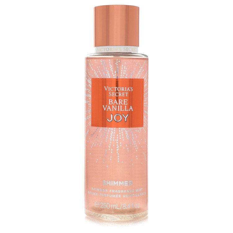 Victoria's Secret Bare Vanilla Joy Shimmer Fragrance Mist bottle — gourmand woody body mist with vanilla orchid, jasmine blooms, praline cream, vanilla bean, sandalwood, and sugar