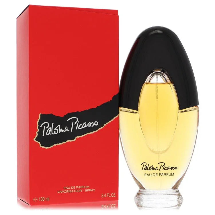 Perfume bottle with black cap and red box featuring Paloma Picasso branding on a white background