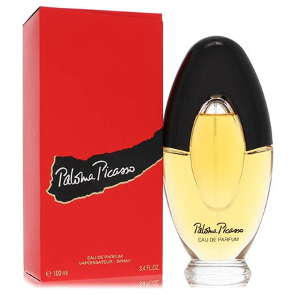 Perfume bottle with black cap and red box featuring Paloma Picasso branding on a white background