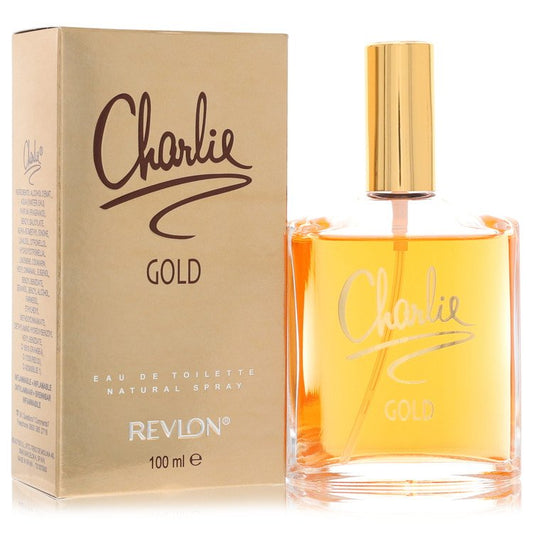 Revlon Charlie Gold Perfume signature luxury glass flacon displaying its rich golden liquid contours and clear contours against a solid clean backdrop