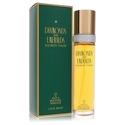Elizabeth Taylor Diamonds and Emeralds perfume bottle and packaging on a white background