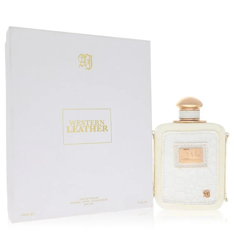 Perfume bottle and packaging with 'Western Leather' branding on a white background