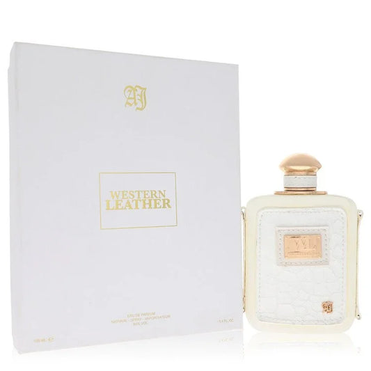 Perfume bottle and packaging with 'Western Leather' branding on a white background