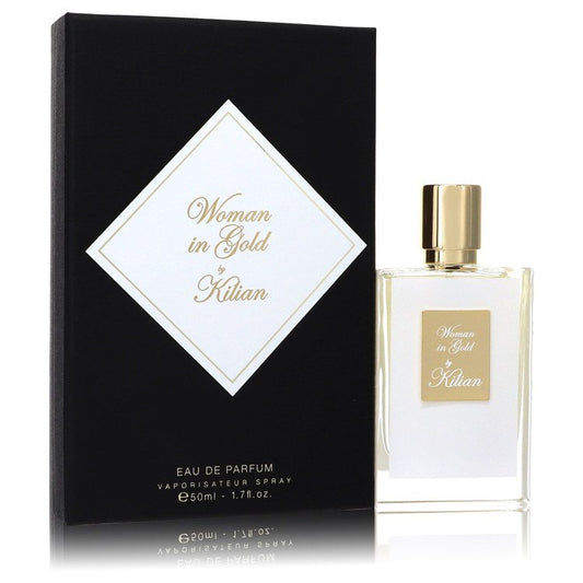 Kilian 'Woman in Gold' eau de parfum bottle and packaging on a white background