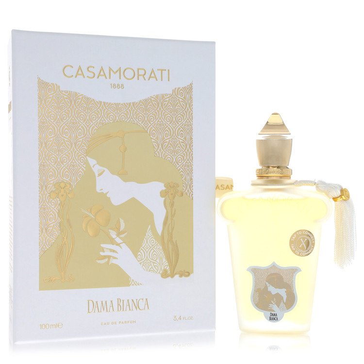Dama Bianca by Xerjoff Eau de Parfum bottle — luxury white floral women's perfume with bergamot, lemon, rose, jasmine, iris, sandalwood, vanilla, and white musk notes.