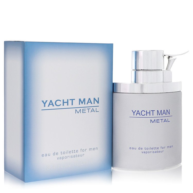 Myrurgia Yacht Man Metal Cologne bottle — Fresh Aromatic Woody men fragrance with bergamot, grapefruit, lemon, jasmine, geranium, cardamom, cedarwood, amber, and musk