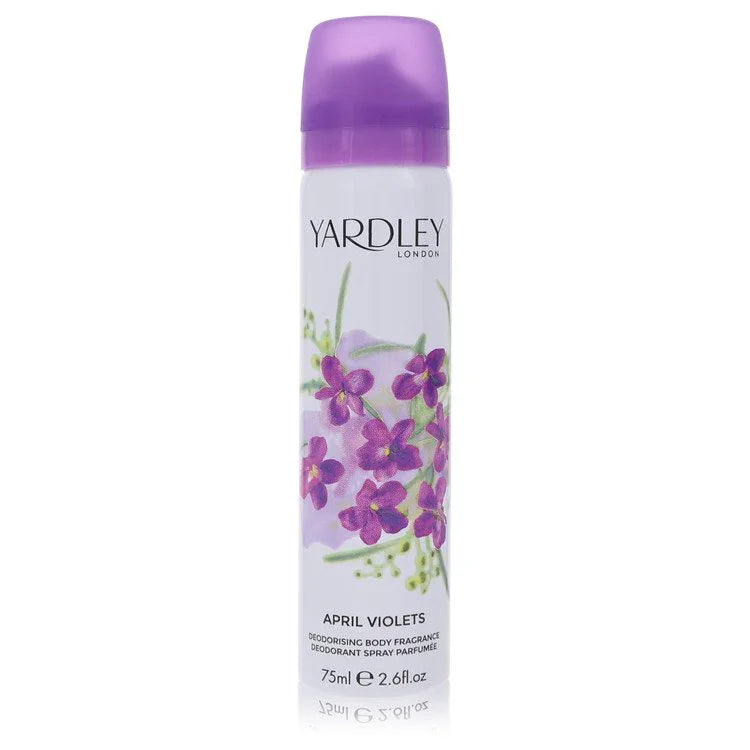 Yardley London April Violets deodorant spray bottle on a white background