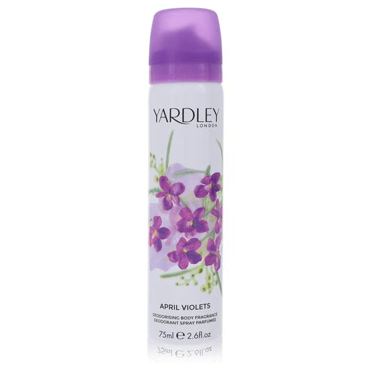 Yardley London April Violets deodorant spray bottle on a white background