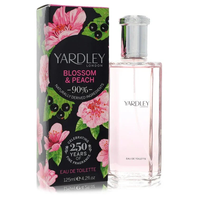 Yardley London Blossom & Peach perfume bottle and packaging on a white background