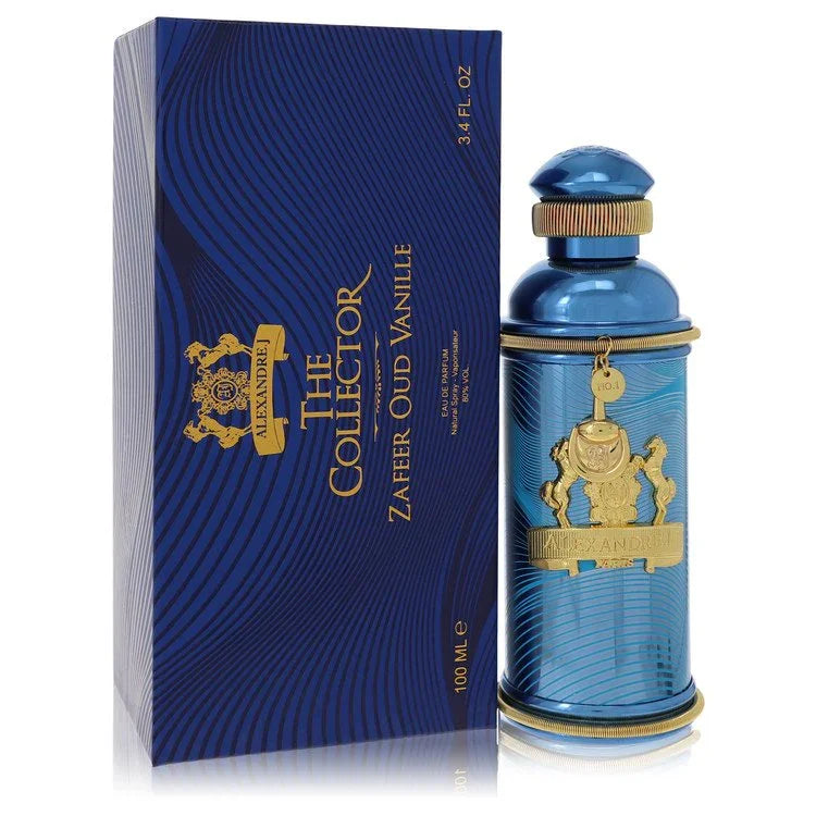 Blue perfume bottle and packaging with gold accents on a white background