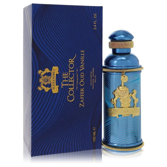Blue perfume bottle and packaging with gold accents on a white background