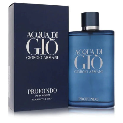 Acqua di Gio Profondo Eau de Parfum for men, blue bottle and box, designer cologne