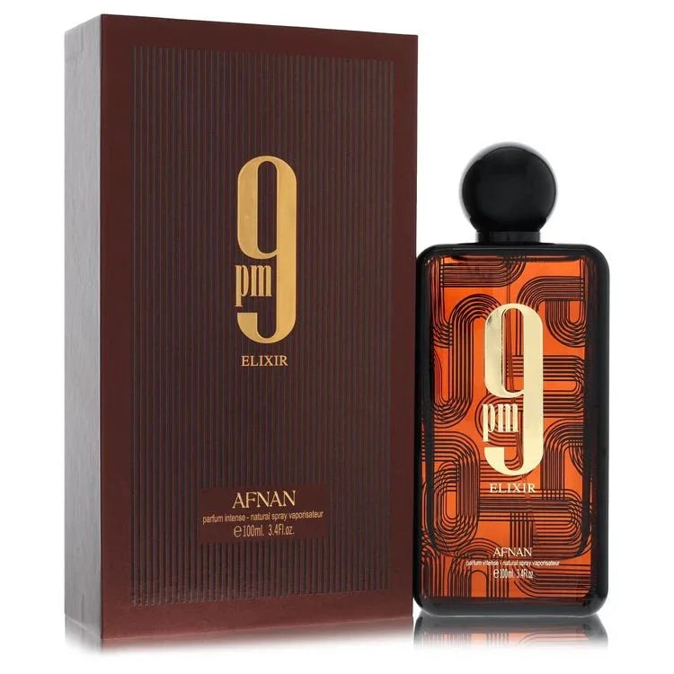 Afnan 9PM Elixir Intense Cologne bottle — bold oriental woody evening fragrance with bergamot, lavender, cinnamon, orange blossom, moss, vanilla, amber, and patchouli
