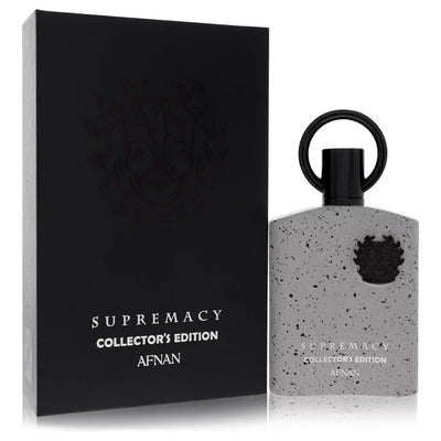 Afnan Supremacy Collector's Edition Cologne signature luxury presentation flacon displaying an intricate modern architectural frame, crisp typographic brand markings, and paired with an exquisite capping detail against a solid background
