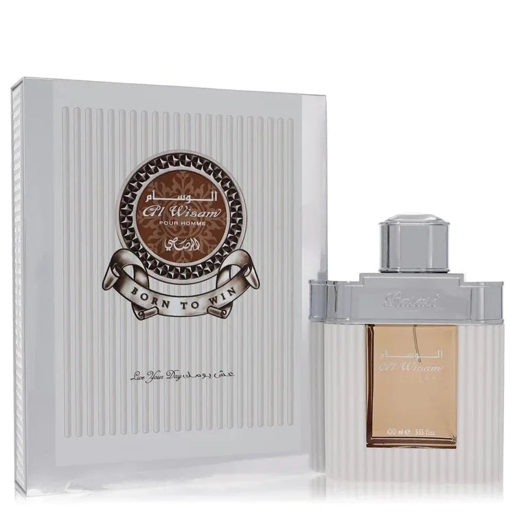 Rasasi Al Wisam Day Eau de Parfum bottle — woody floral fresh men's fragrance with bergamot, lavender, geranium, rose, jasmine, clary sage, musk, sandalwood, and cedarwood notes.