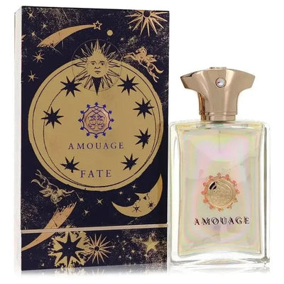 Amouage Fate Eau de Parfum spray bottle with decorative box featuring celestial designs.