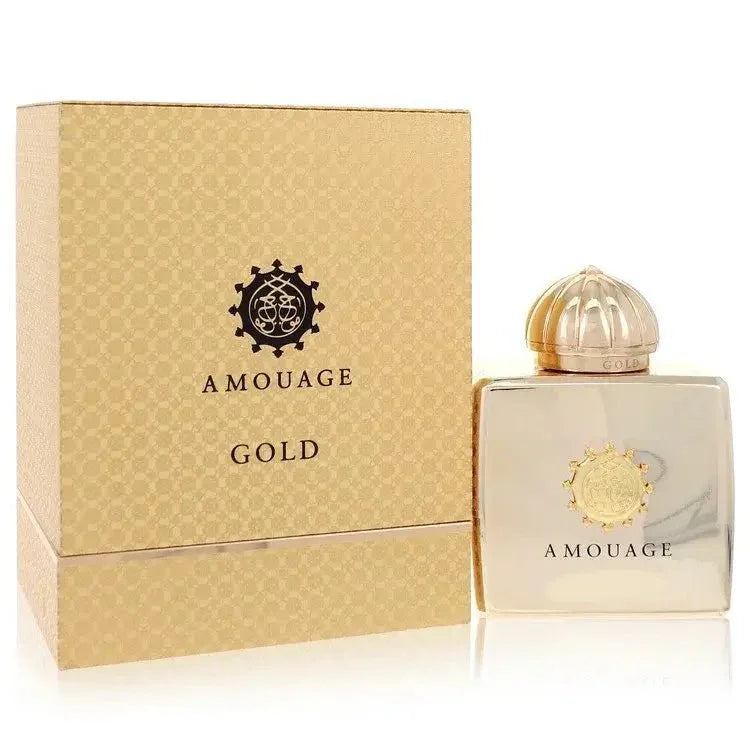 Amouage Gold eau de parfum spray bottle and gold packaging box