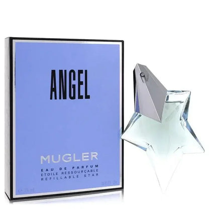 Angel Eau de Parfum by Mugler for women, star-shaped glass bottle and blue box.
