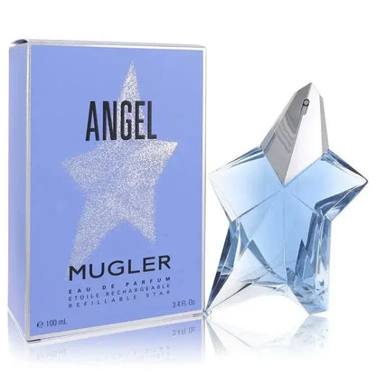 Angel Eau de Parfum spray for women in a star-shaped blue bottle with box