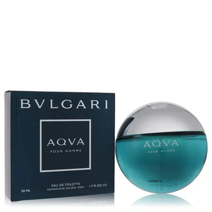 Bvlgari Aqva Pour Homme Cologne bottle — aromatic aquatic men’s Eau de Toilette with mandarin orange, petitgrain, seaweed, lavender, cotton flower, amber, clary sage, patchouli, cedar, and woods.