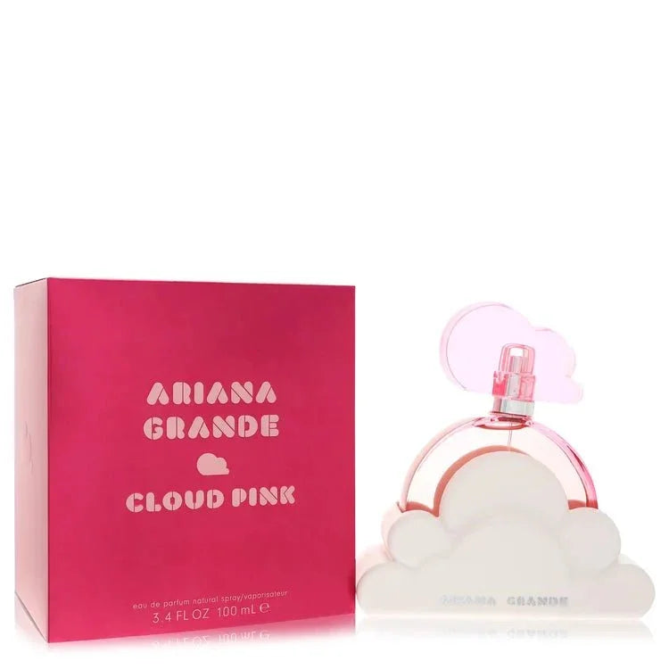 Ariana Grande Cloud Pink perfume bottle with pink pineapple, dragon fruit, berries, vanilla orchid, coconut water, blush ambrette, amber woods, musk, and praline