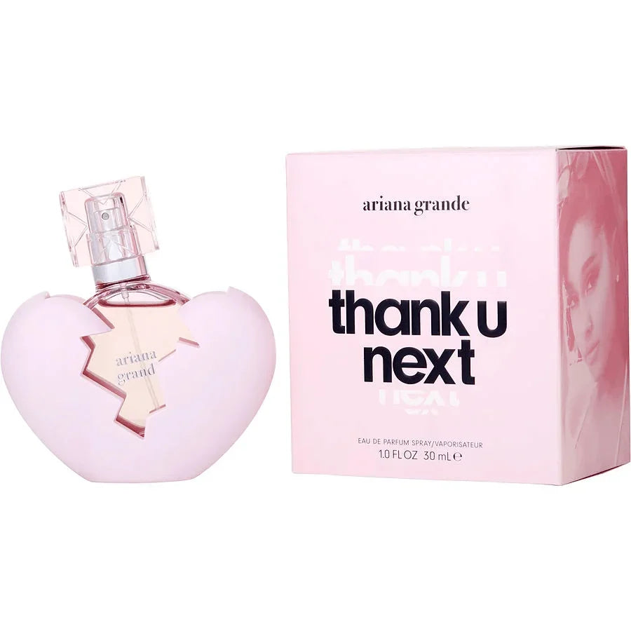 Ariana Grande Thank U Next perfume bottle with pink heart-shaped design and matching box.