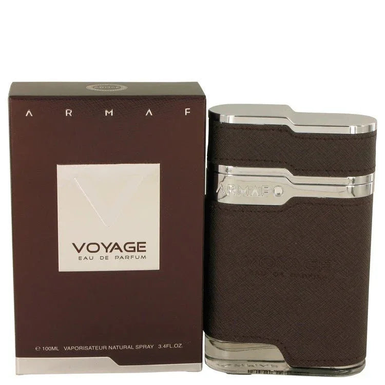 Armaf Voyage Brown cologne bottle for men — bold woody spicy aromatic fragrance with bergamot, cardamom, grapefruit, cinnamon, geranium, hedione, patchouli, vetiver, musk, and amber notes