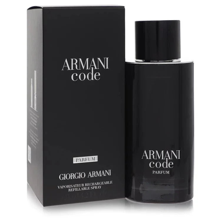 Armani Code Parfum for men in sleek black bottle with matching box packaging