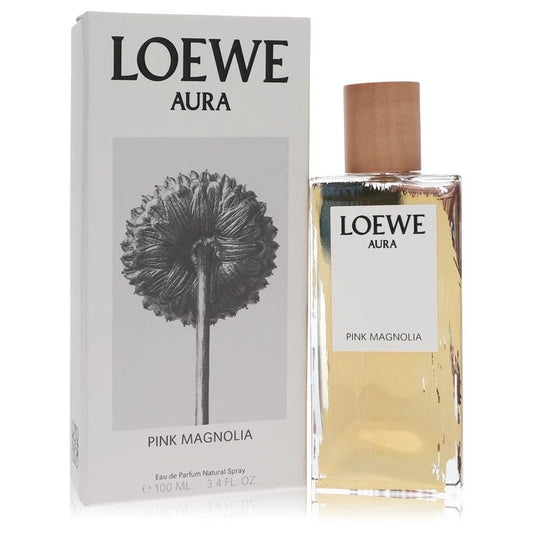 Aura Loewe Pink Magnolia PerfumeGuilty FragranceLoewe Aura Pink Magnolia perfume bottle and packaging on a white background