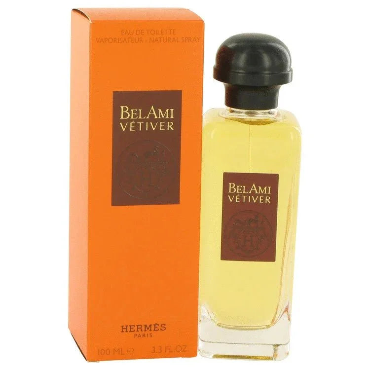 Hermes Bel Ami Vetiver Eau de Toilette bottle with smoky vetiver, Russian leather, cardamom, patchouli and labdanum