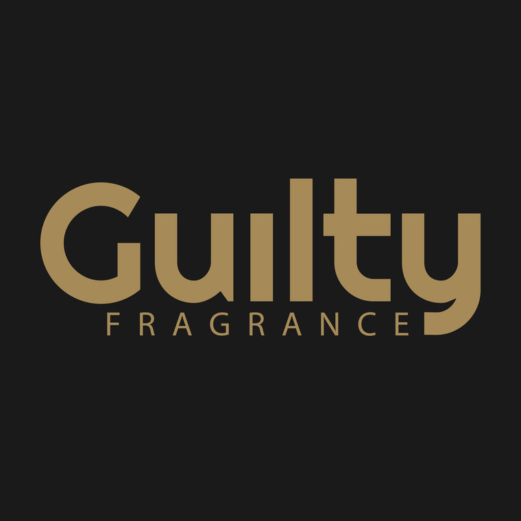 Gold logo of Guilty Fragrance on a black background, representing luxury and elegance in scent.