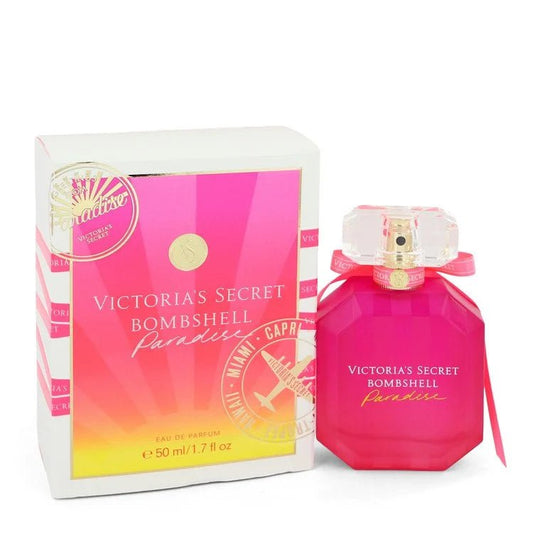 Bombshell Paradise PerfumeGuilty FragranceVictoria's Secret Bombshell Paradise perfume bottle and packaging on a white background