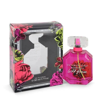 Victoria's Secret Bombshell Wild Flower perfume bottle and packaging on a white background