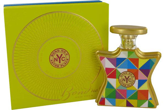 3.4 oz Bond No. 9 Astor Place Eau de Parfum bottle - Unisex floral woody oriental fragrance with violet leaf, mandarin zest, freesia, red poppy, orris, teakwood, musk, and amber