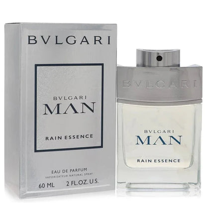 Bulgari Man Rain Essence Eau de Parfum bottle and packaging on a white background