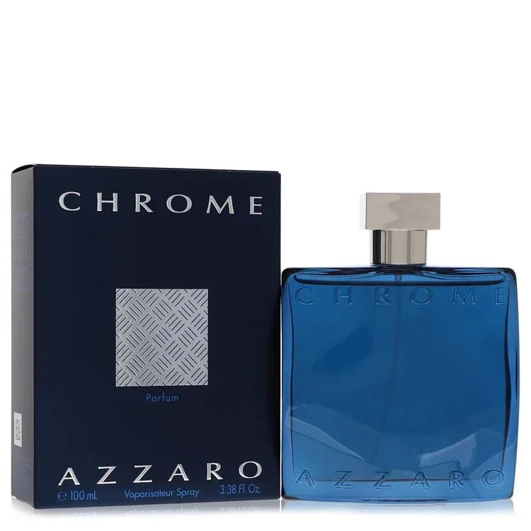Azzaro Chrome blue eau de toilette spray bottle and box for men, 100ml fragrance.