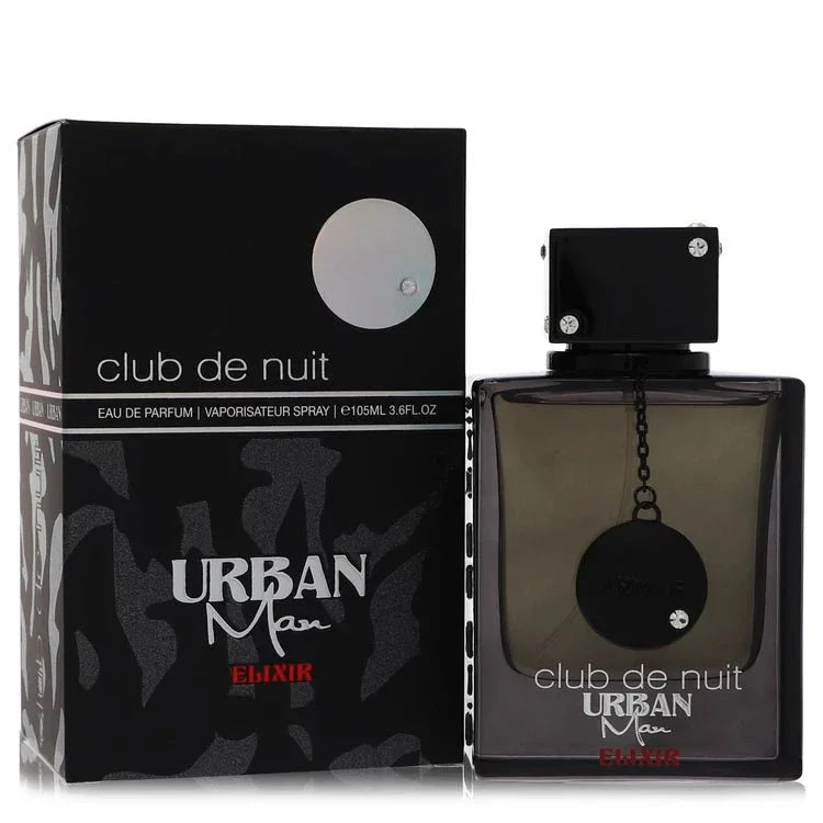 Club De Nuit Urban Man Elixir Cologne bottle by Armaf — fruity amber aromatic fragrance with bergamot, pink pepper, jasmine, orange blossom, lavender, geranium, elemi, saffron, vetiver, tagetes, ambroxan, amber, patchouli, cedar and labdanum