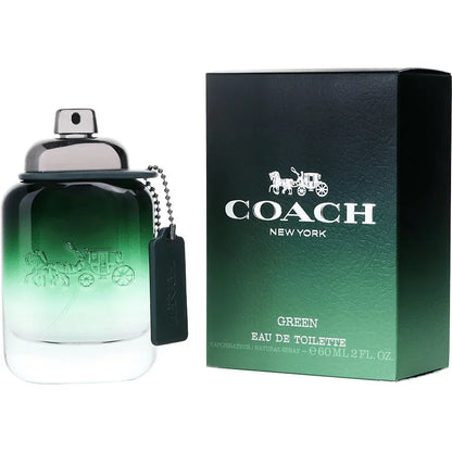 Coach Green Eau de Toilette spray bottle and box, gradient green glass with silver cap.