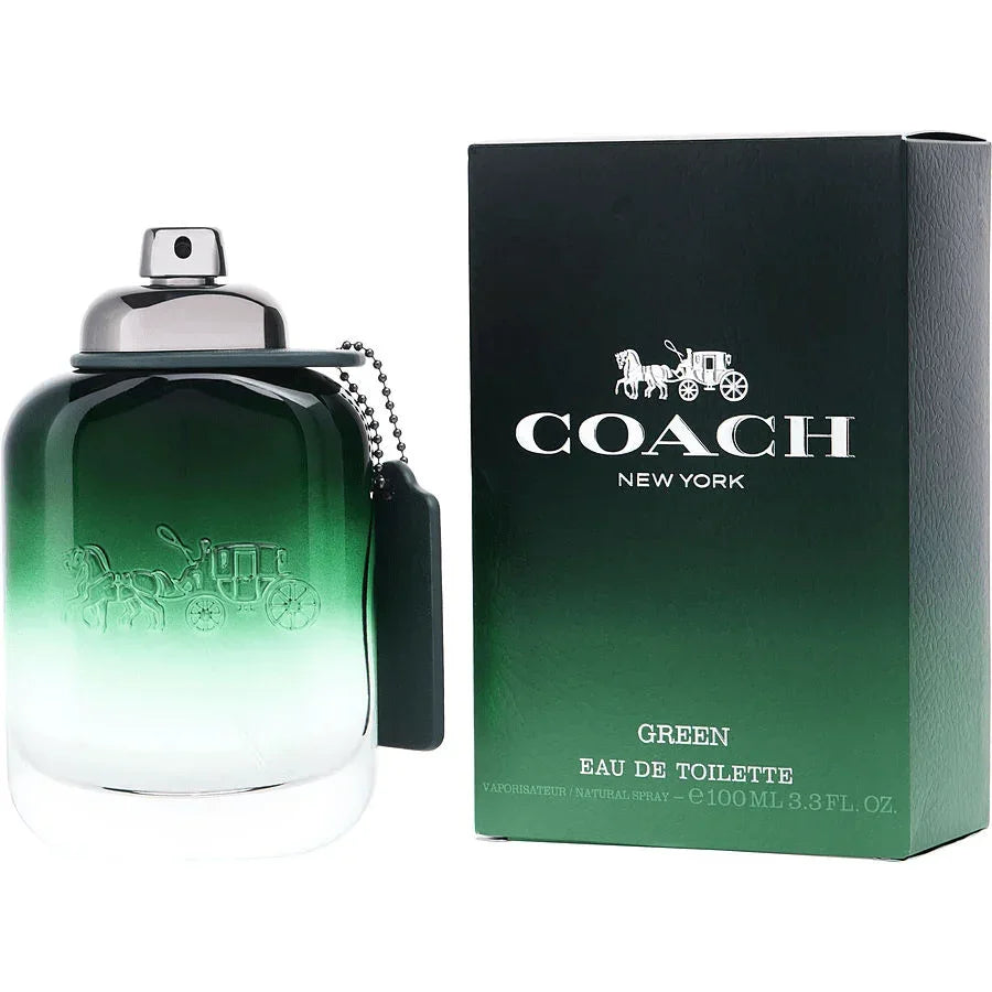 Coach Green Eau de Toilette dark green gradient bottle — luxury men's woody aromatic fresh green fruity fragrance featuring unique kiwi and crystal moss notes