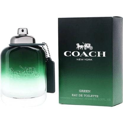 Coach Green Eau de Toilette dark green gradient bottle — luxury men's woody aromatic fresh green fruity fragrance featuring unique kiwi and crystal moss notes