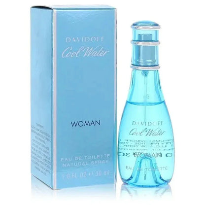 Cool Water Eau de Toilette spray for women, blue perfume bottle and box.