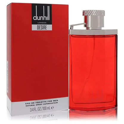 Red Dunhill Desire perfume bottle and packaging on a white background