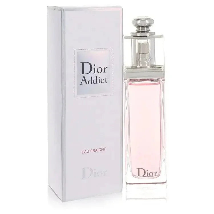 Dior Addict Eau Fraçèche perfume bottle and packaging on a white background