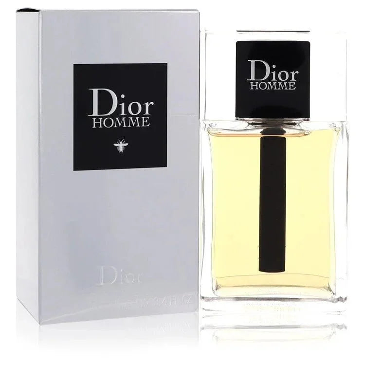 Dior Homme cologne bottle and packaging, men's luxury fragrance, clear glass with black label