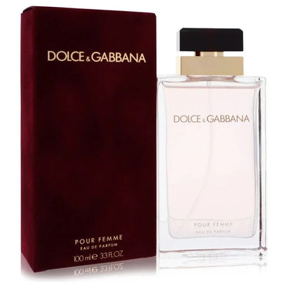Dolce & Gabbana Pour Femme Eau de Parfum spray with burgundy box and glass bottle