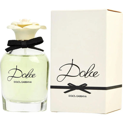 Dolce Eau de Parfum spray bottle with floral cap and matching cream box, luxury perfume
