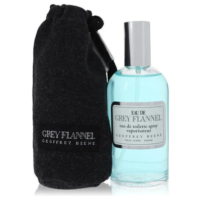 Grey Flannel eau de toilette spray by Geoffrey Beene with black pouch, clear blue cologne bottle