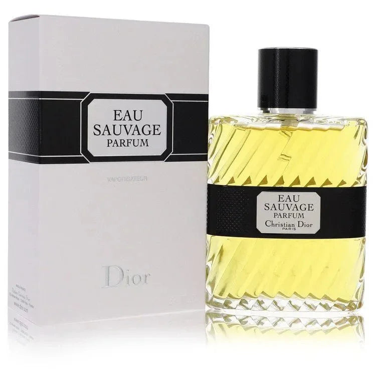 Eau Sauvage Parfum spray bottle and box, luxury designer men’s fragrance, yellow liquid